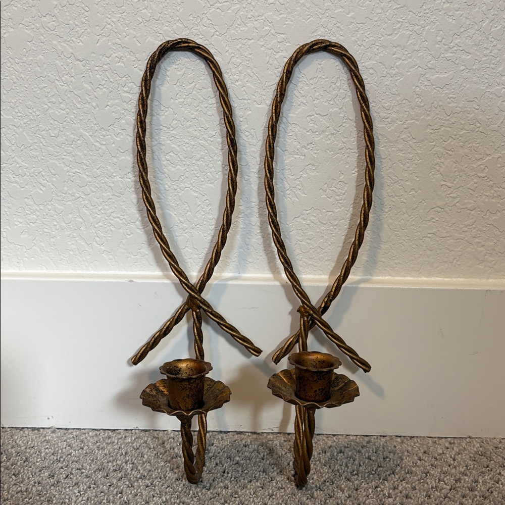 Vintage Pair Gold Metal Twisted Rope Candle Holders Wall Sconces